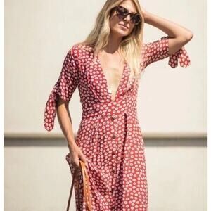 Faithful The Brand Nina Floral Midi Dress Womens 2 XS In Red V-neck FLAW